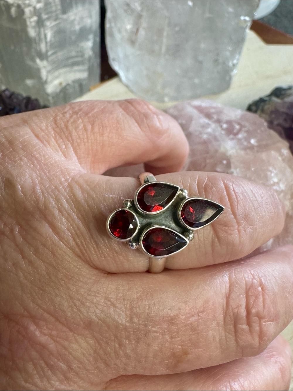 Sterling Silver Red Garnet Teardrop Cluster Ring - Size 8